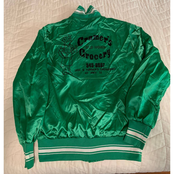 Vintage 1980s Cramer's Grocery Green Satin Snap Button Bomber Jacket Size S - Picture 1 of 4